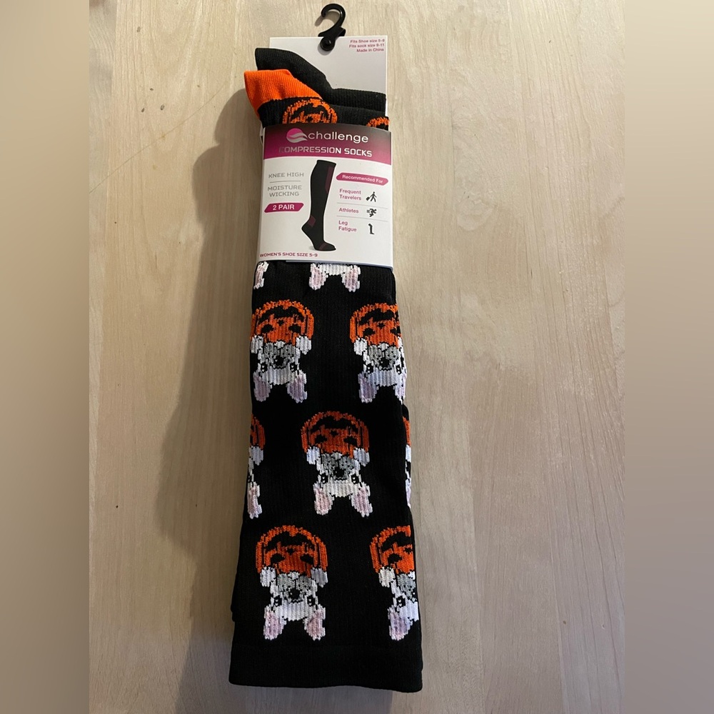2 Pairs Frenchie Dog Pumpkin Compression Socks Knee High Stockings Running Work